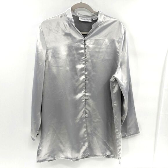 Diane Von Furstenberg Vintage 80s Silver Metallic Button Down Blouse Size Large - Picture 2 of 7